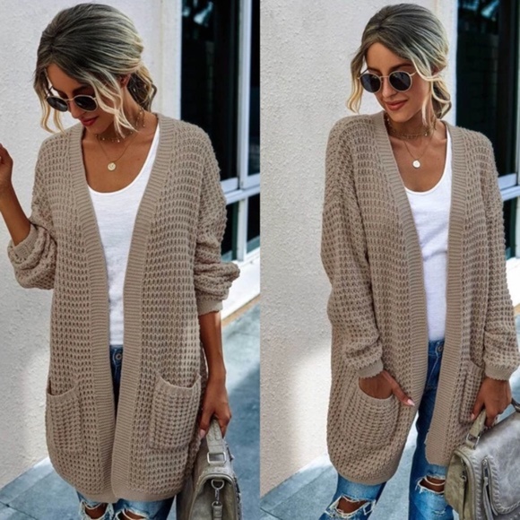 Cozy chunky knit open front fall cardigan - LATTE - Picture 2 of 3